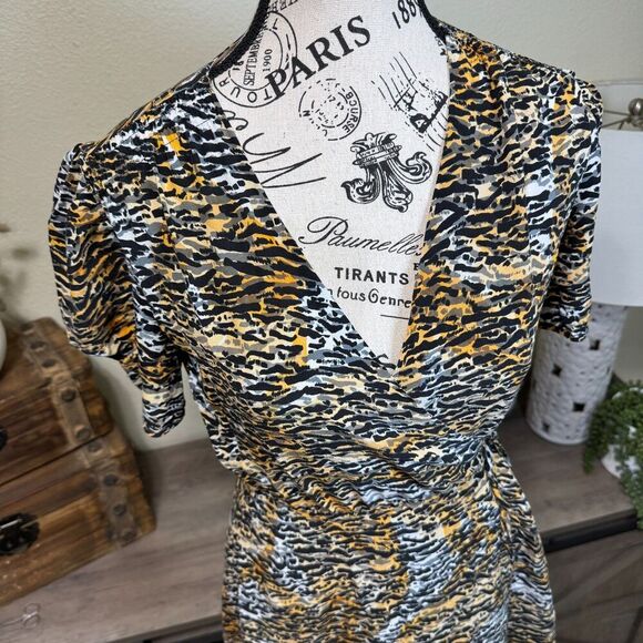 SALONI Ink Tiger Animal Print Black LEA Silk Wrap A-Line Mini Dress Size 4 - Picture 11 of 11